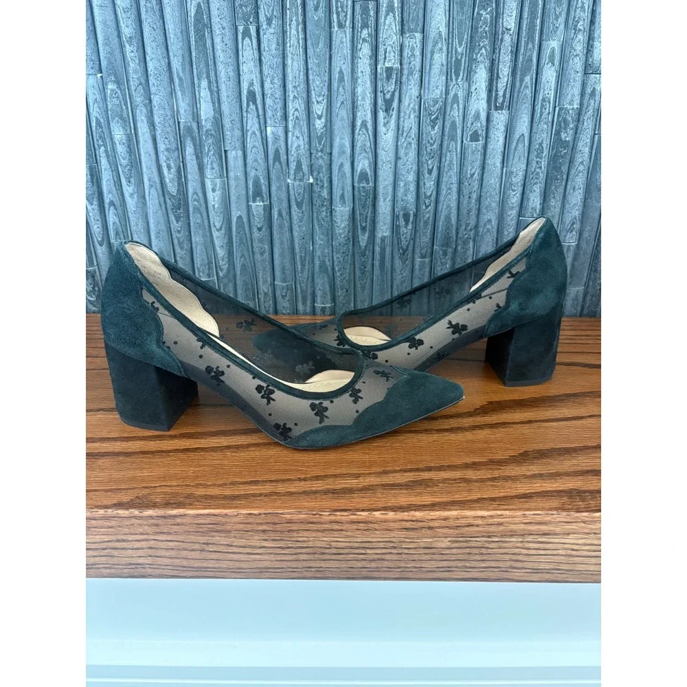 Coach G3281 Black Suede Mesh Floral Embroidered Block Heel Pumps Womens 7B